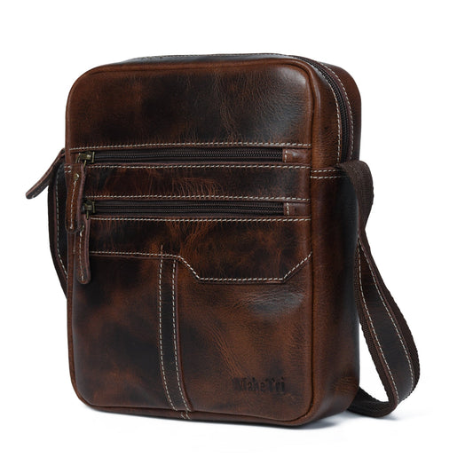 Rustic Voyager Leather Messenger Bag - Dark Brown